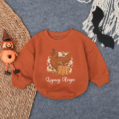 Hen & Pumpkin Thanksgiving Baby Romper, Fall Farm Girl Outfit with Bow, Autumn Infant Clothes, Legacy Reign Bodysuit, Rustic Shower Gift, 139 Chars