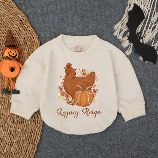 Hen & Pumpkin Thanksgiving Baby Romper, Fall Farm Girl Outfit with Bow, Autumn Infant Clothes, Legacy Reign Bodysuit, Rustic Shower Gift, 139 Chars
