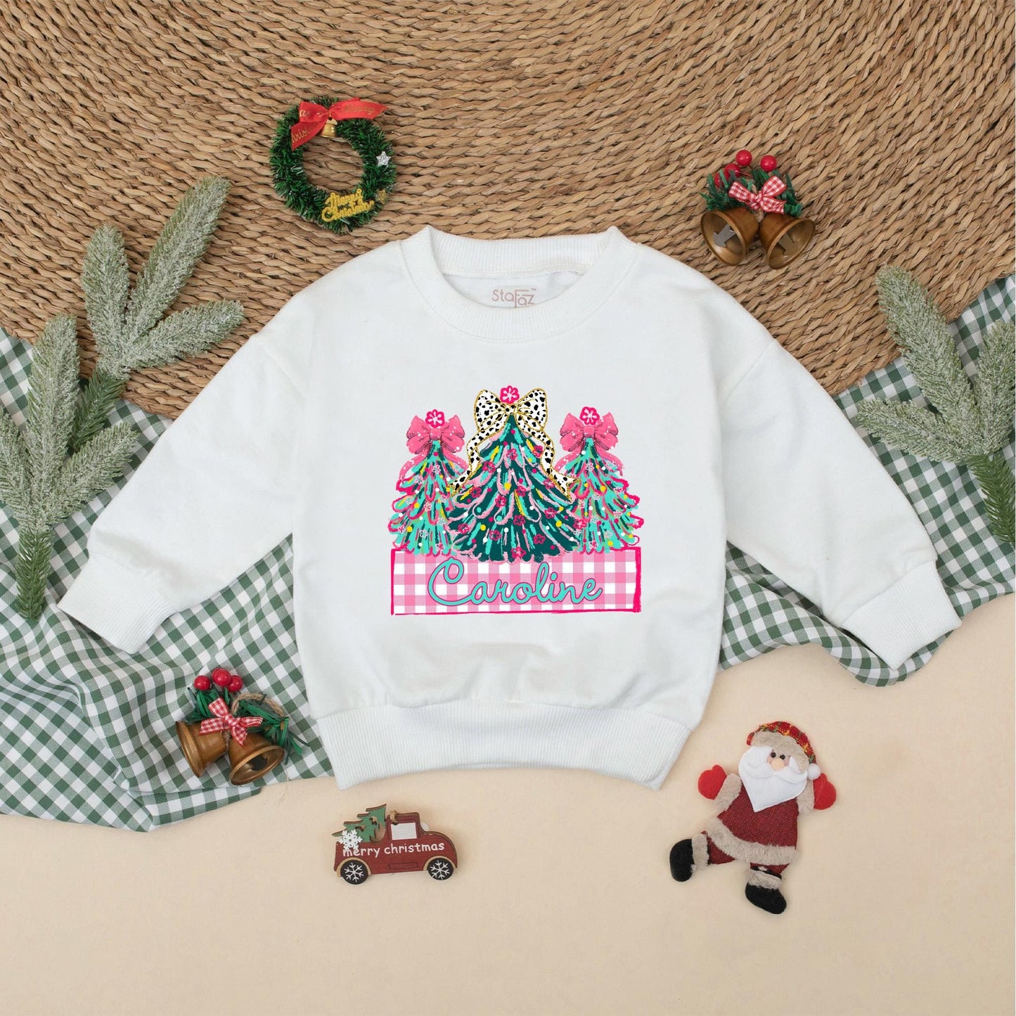 Personalized Caroline Christmas Romper Baby Girl Holiday Outfit with Decorated Trees & Pink Bows Toddler Xmas Gift