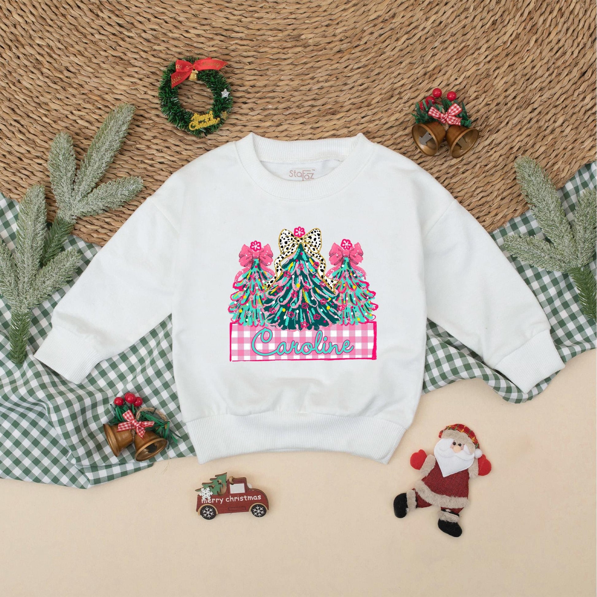 Personalized Caroline Christmas Romper Baby Girl Holiday Outfit with Decorated Trees & Pink Bows Toddler Xmas Gift