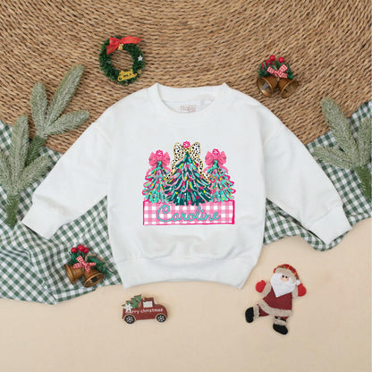 Personalized Caroline Christmas Romper Baby Girl Holiday Outfit with Decorated Trees & Pink Bows Toddler Xmas Gift