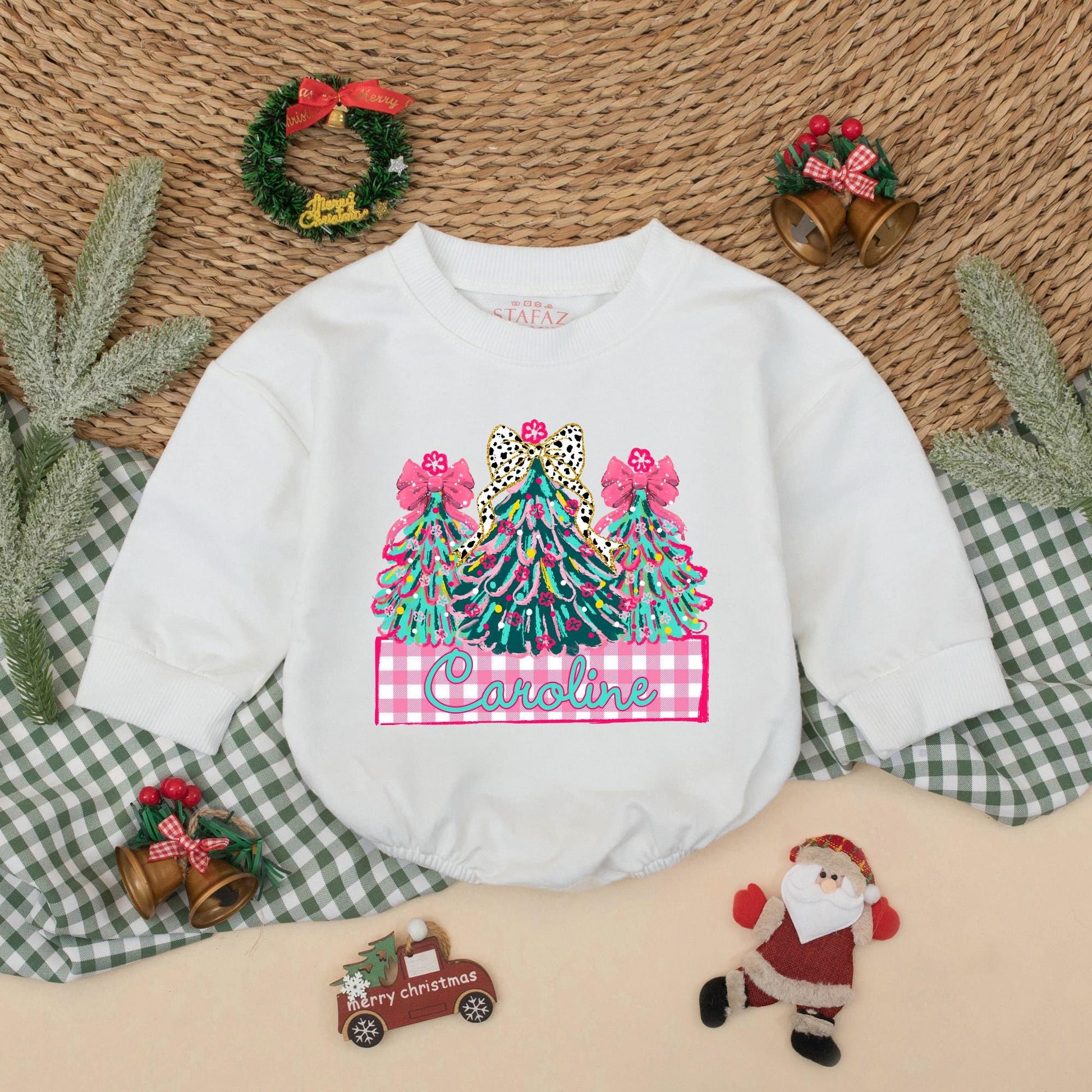 Personalized Caroline Christmas Romper Baby Girl Holiday Outfit with Decorated Trees & Pink Bows Toddler Xmas Gift