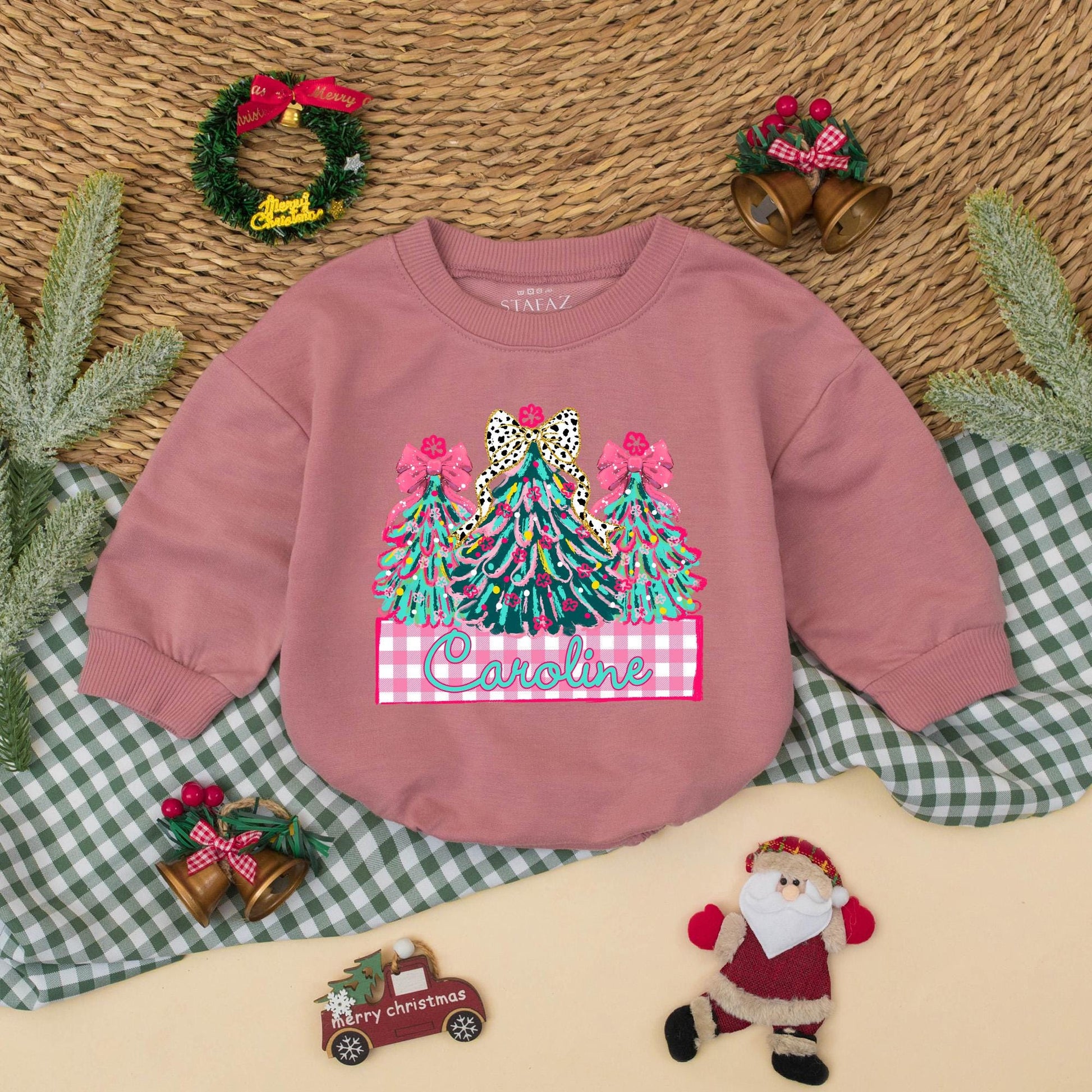 Personalized Caroline Christmas Romper Baby Girl Holiday Outfit with Decorated Trees & Pink Bows Toddler Xmas Gift