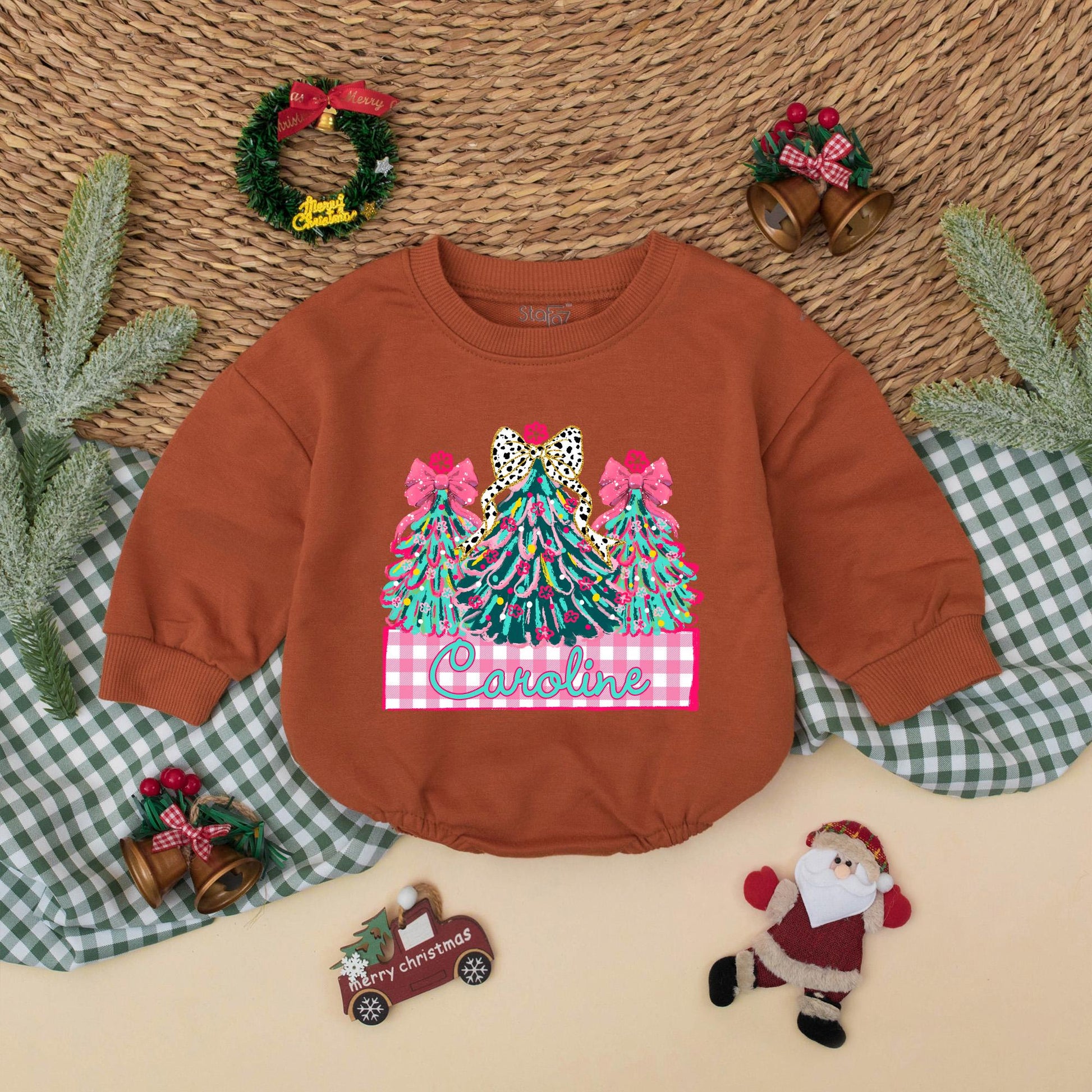 Personalized Caroline Christmas Romper Baby Girl Holiday Outfit with Decorated Trees & Pink Bows Toddler Xmas Gift