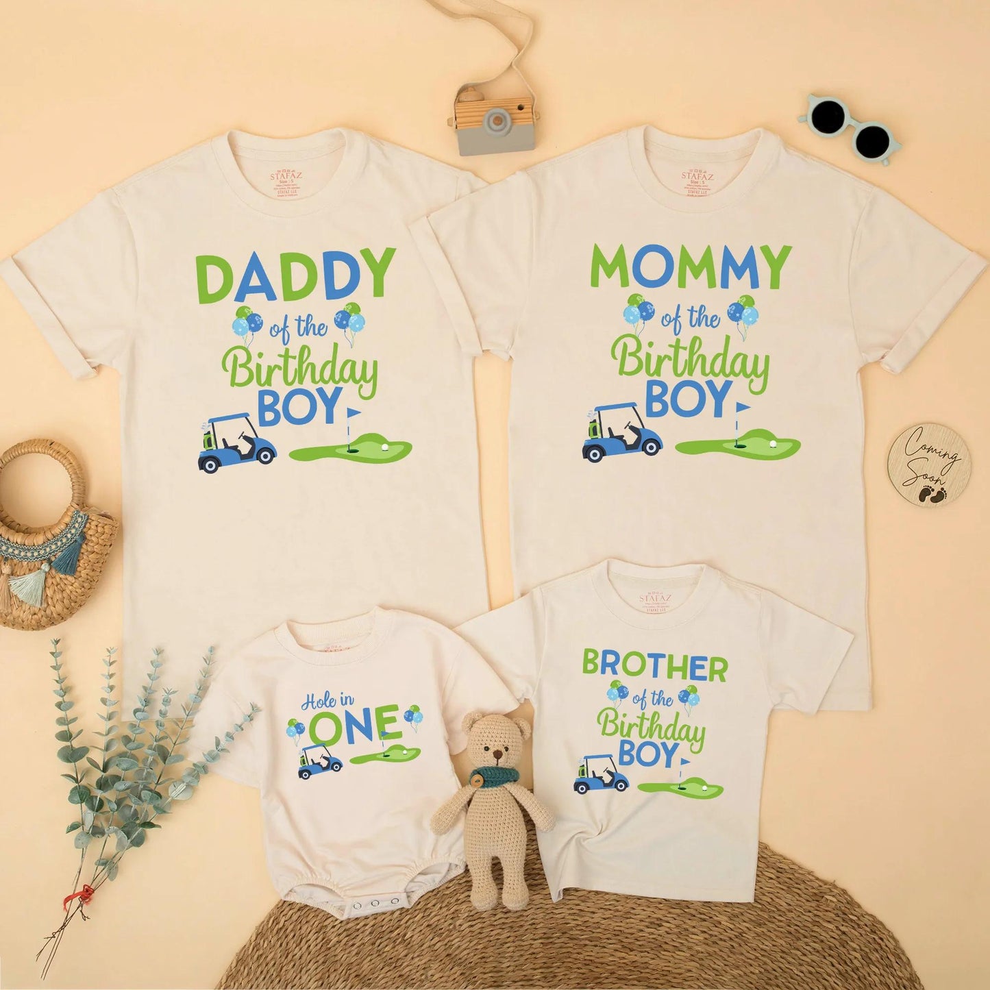 Matching Hole in One Golf Birthday Shirts for Family: Daddy, Mommy, Sister, Boy! Golf Cart & Putting Green Design