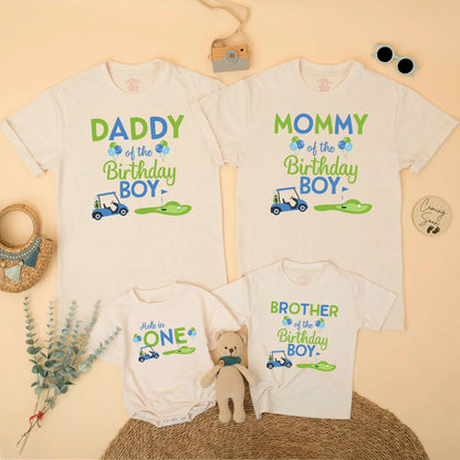 Matching Hole in One Golf Birthday Shirts for Family: Daddy, Mommy, Sister, Boy! Golf Cart & Putting Green Design