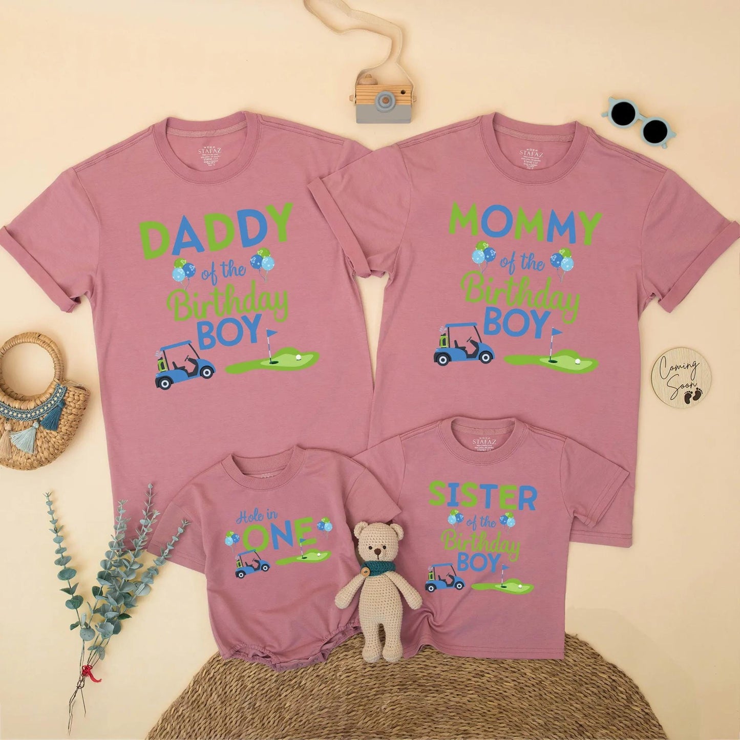 Matching Hole in One Golf Birthday Shirts for Family: Daddy, Mommy, Sister, Boy! Golf Cart & Putting Green Design
