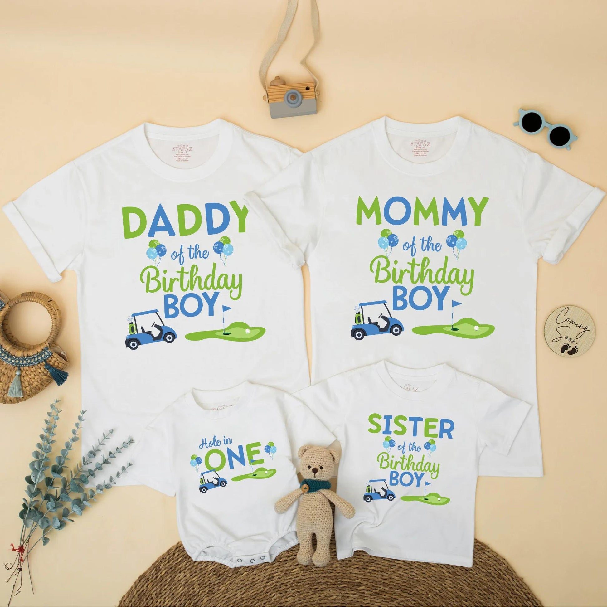 Matching Hole in One Golf Birthday Shirts for Family: Daddy, Mommy, Sister, Boy! Golf Cart & Putting Green Design