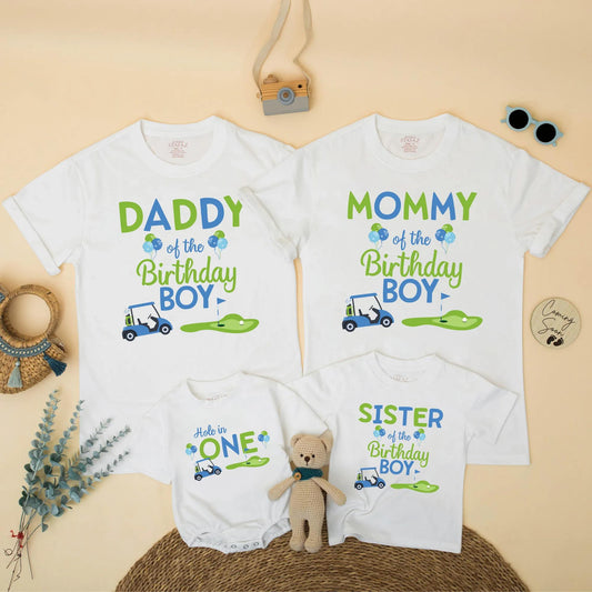 Matching Hole in One Golf Birthday Shirts for Family: Daddy, Mommy, Sister, Boy! Golf Cart & Putting Green Design