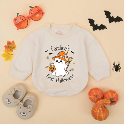 Caroline's First Halloween Baby Romper Cute Ghost Pumpkin Witch Hat Design Personalized Baby Girl Clothes Fall Holiday Outfit