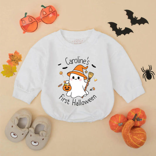 Caroline's First Halloween Baby Romper Cute Ghost Pumpkin Witch Hat Design Personalized Baby Girl Clothes Fall Holiday Outfit