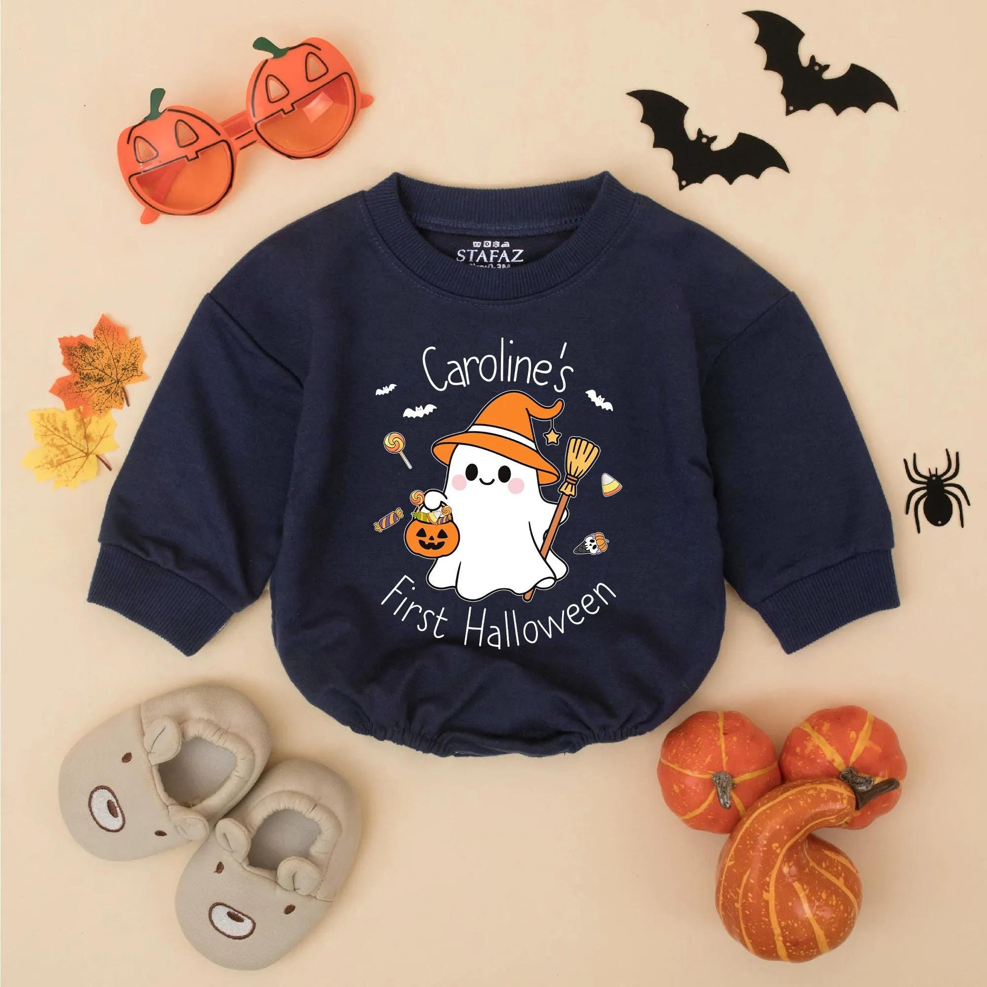 Caroline's First Halloween Baby Romper Cute Ghost Pumpkin Witch Hat Design Personalized Baby Girl Clothes Fall Holiday Outfit
