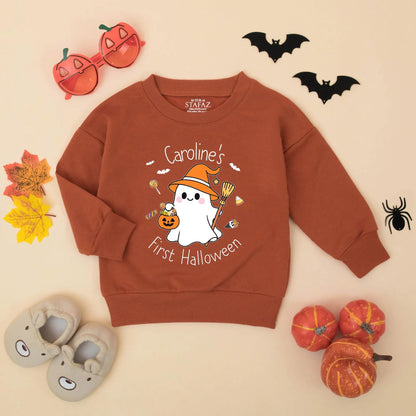 Caroline's First Halloween Baby Romper Cute Ghost Pumpkin Witch Hat Design Personalized Baby Girl Clothes Fall Holiday Outfit