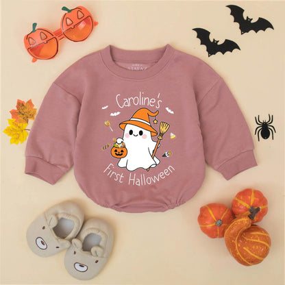 Caroline's First Halloween Baby Romper Cute Ghost Pumpkin Witch Hat Design Personalized Baby Girl Clothes Fall Holiday Outfit