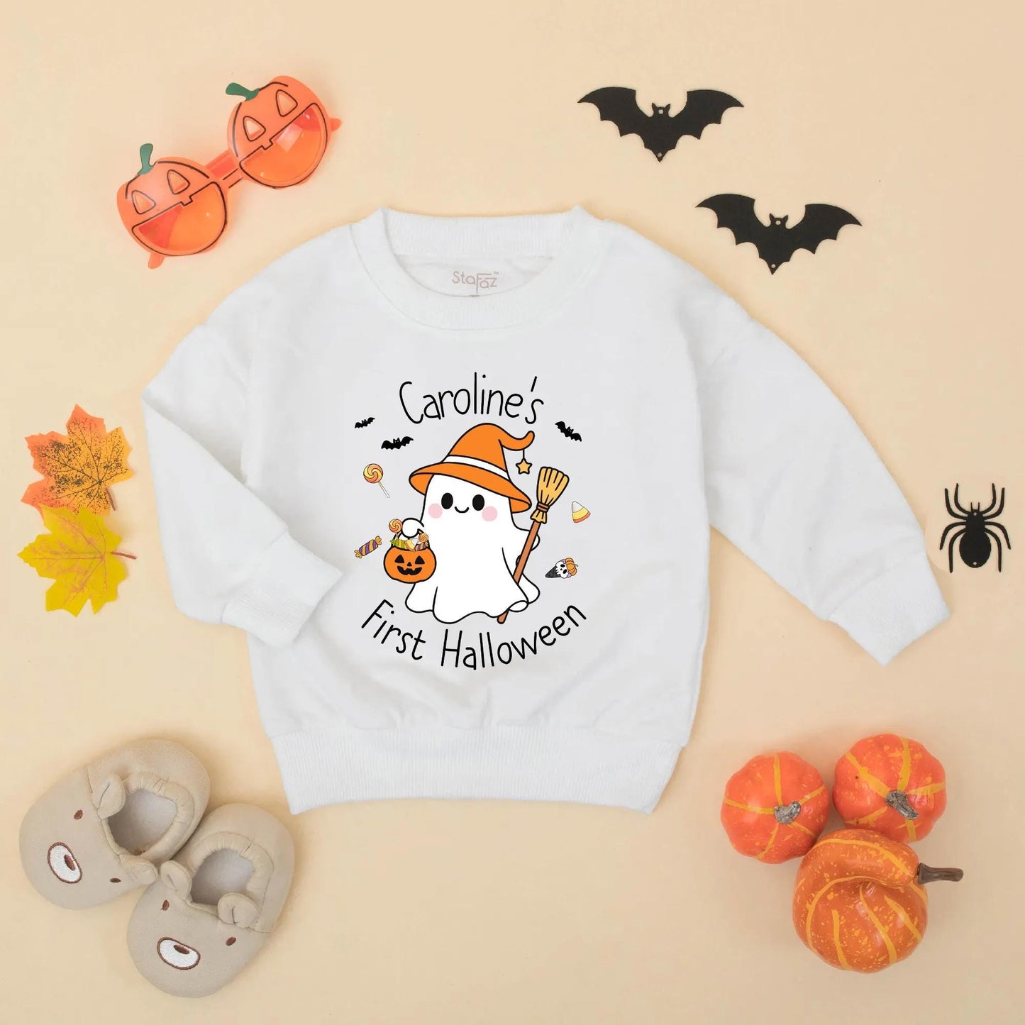 Caroline's First Halloween Baby Romper Cute Ghost Pumpkin Witch Hat Design Personalized Baby Girl Clothes Fall Holiday Outfit