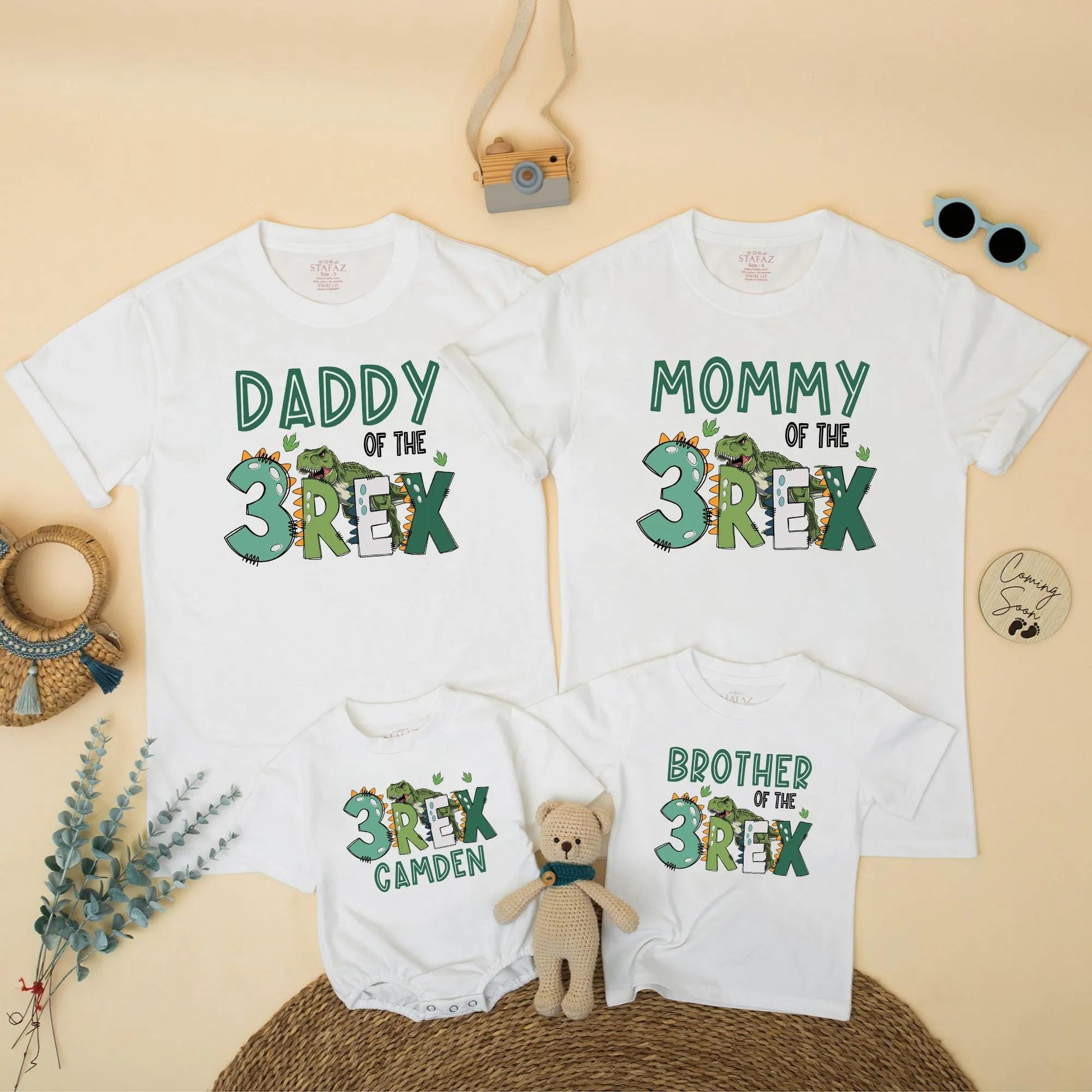 Three Rex Dinosaur Birthday Matching Family Shirts Daddy Mommy Brother Saurus Dinosaur Party Outfits with Camden Name and Green REX accents