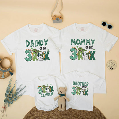 Three Rex Dinosaur Birthday Matching Family Shirts Daddy Mommy Brother Saurus Dinosaur Party Outfits with Camden Name and Green REX accents
