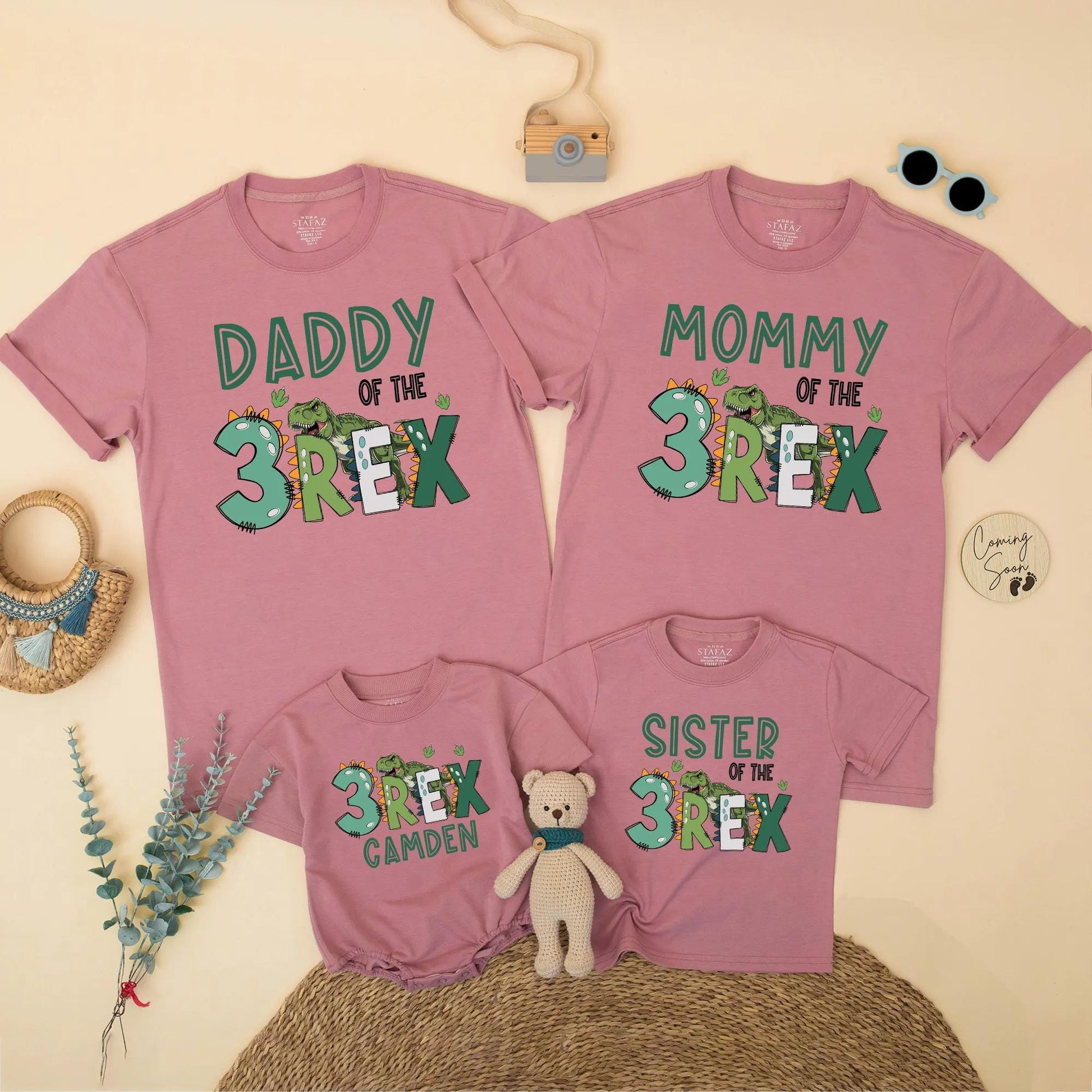 Three Rex Dinosaur Birthday Matching Family Shirts Daddy Mommy Brother Saurus Dinosaur Party Outfits with Camden Name and Green REX accents