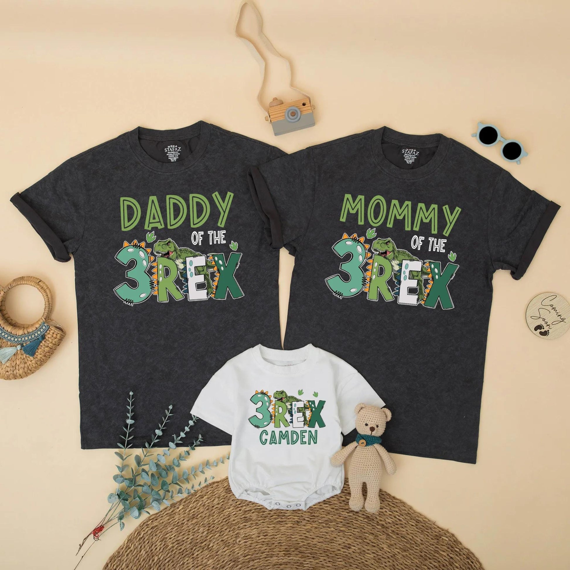 Three Rex Dinosaur Birthday Matching Family Shirts Daddy Mommy Brother Saurus Dinosaur Party Outfits with Camden Name and Green REX accents