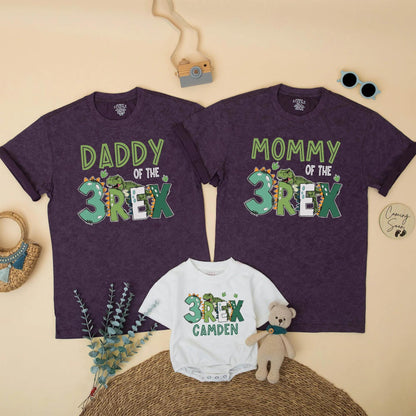 Three Rex Dinosaur Birthday Matching Family Shirts Daddy Mommy Brother Saurus Dinosaur Party Outfits with Camden Name and Green REX accents