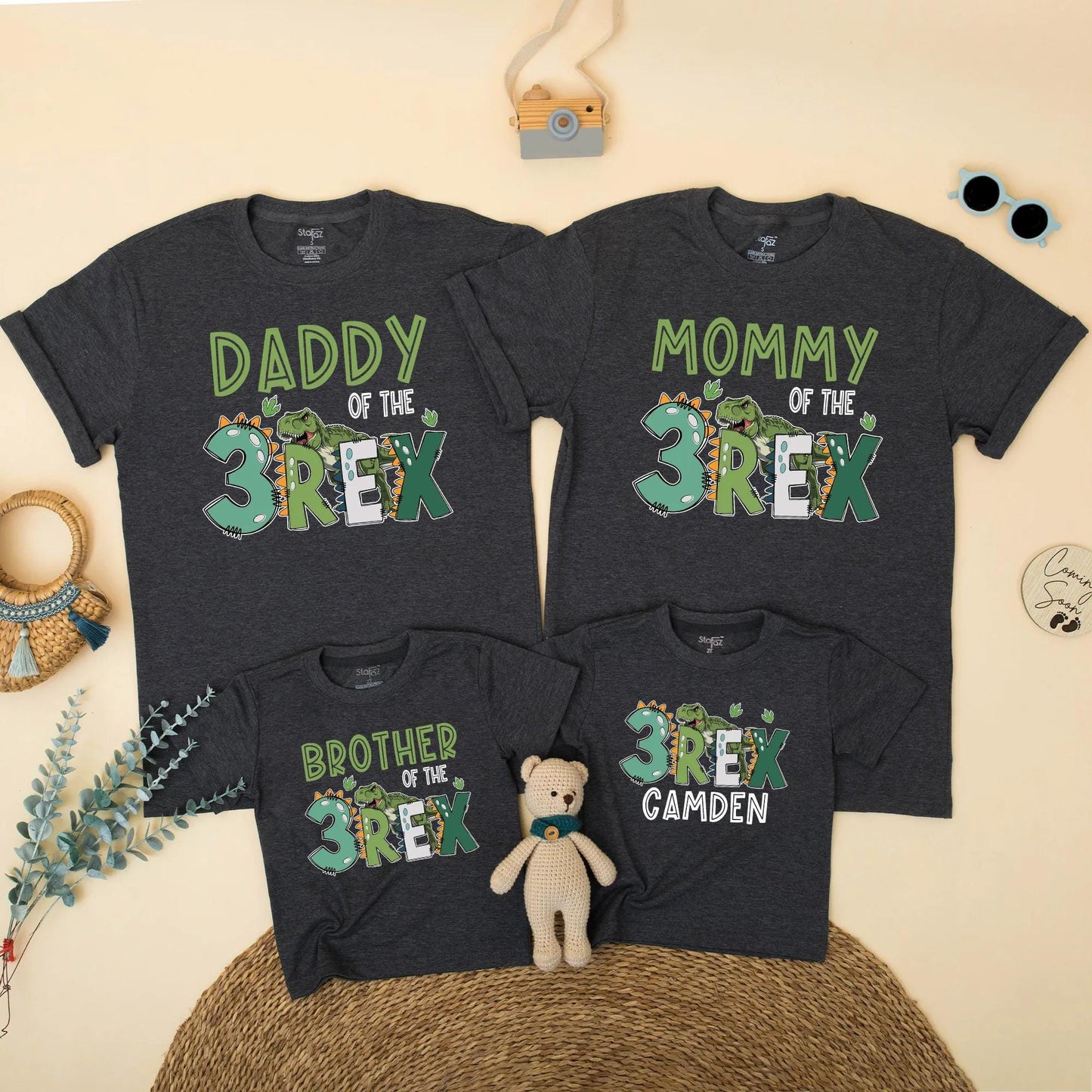 Three Rex Dinosaur Birthday Matching Family Shirts Daddy Mommy Brother Saurus Dinosaur Party Outfits with Camden Name and Green REX accents