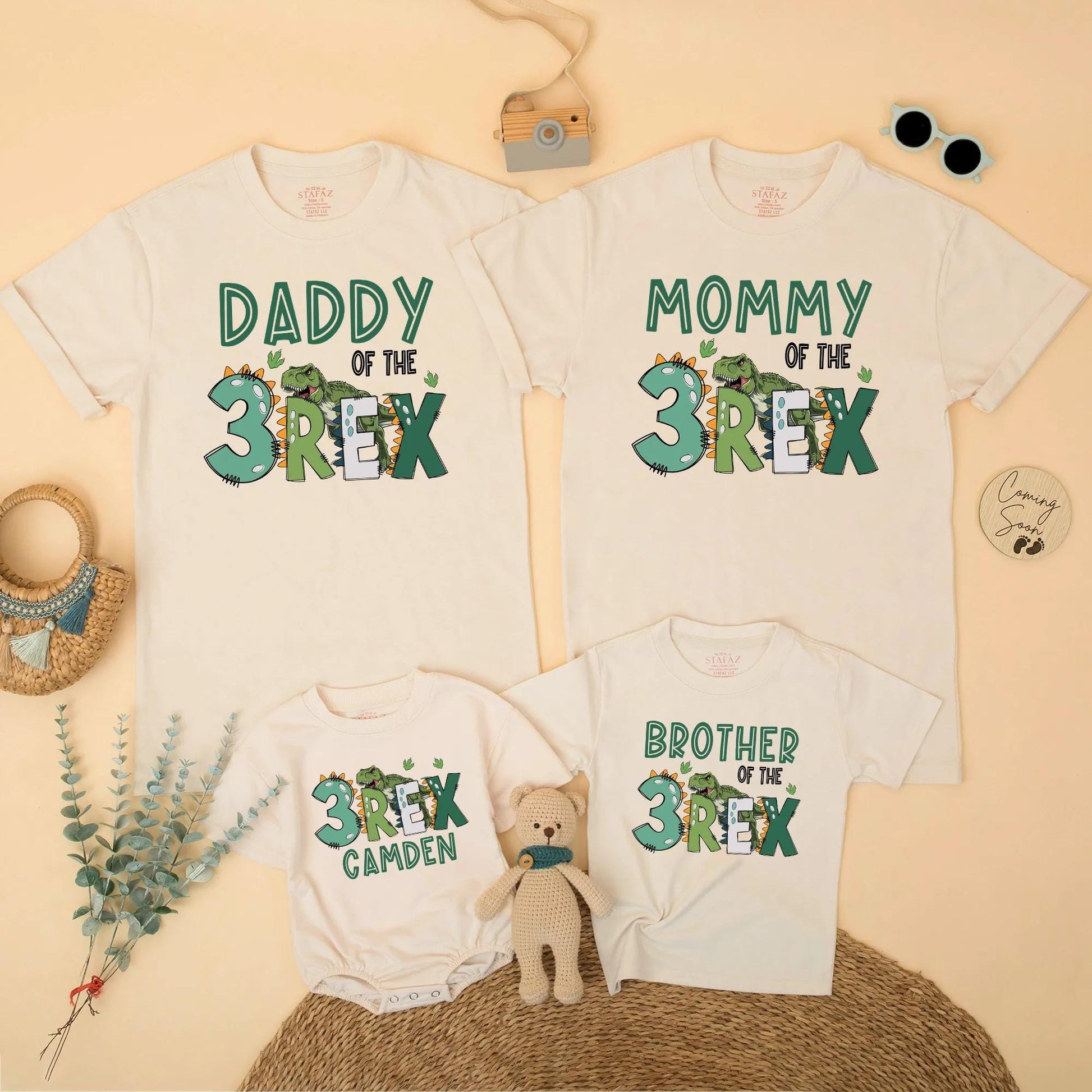 Three Rex Dinosaur Birthday Matching Family Shirts Daddy Mommy Brother Saurus Dinosaur Party Outfits with Camden Name and Green REX accents