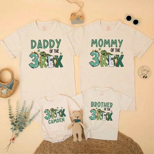 Three Rex Dinosaur Birthday Matching Family Shirts Daddy Mommy Brother Saurus Dinosaur Party Outfits with Camden Name and Green REX accents