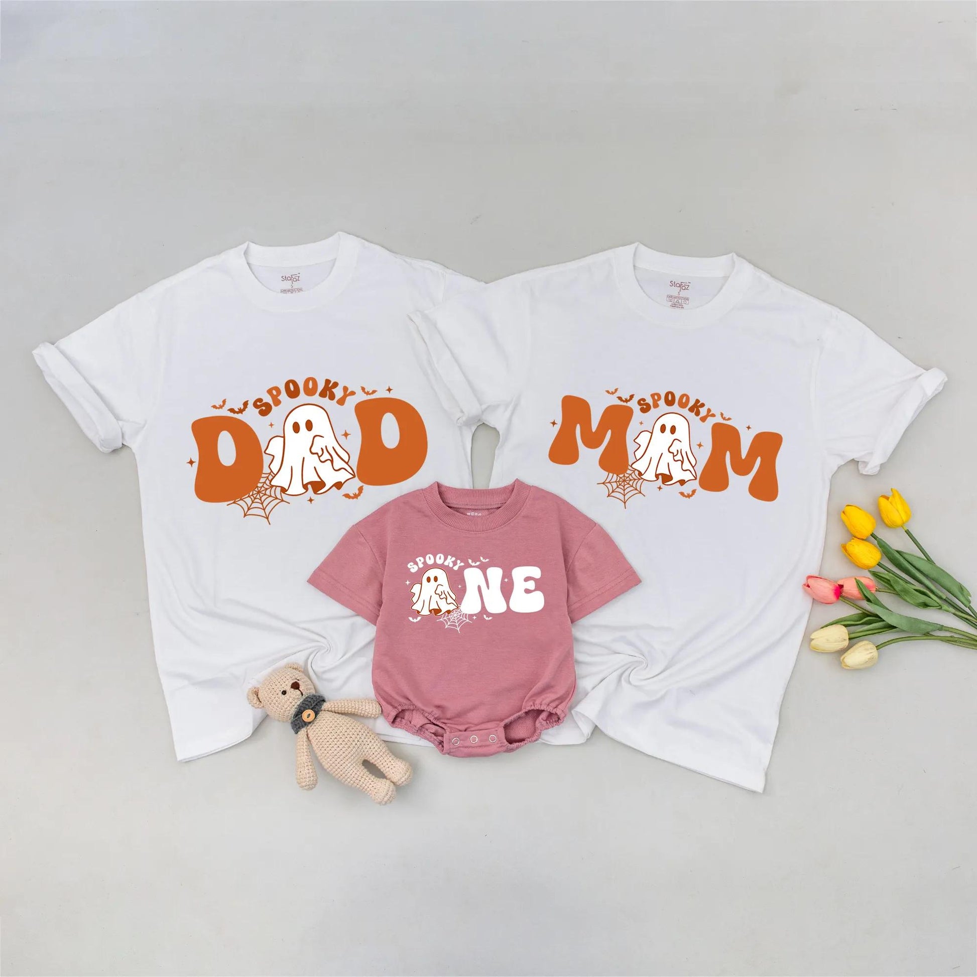 Spooky ONE 1st Birthday Halloween Family Matching Shirts Mom Dad Baby Tee Playful Cartoon Ghost Bat Spiderweb Design Comfortable Cotton