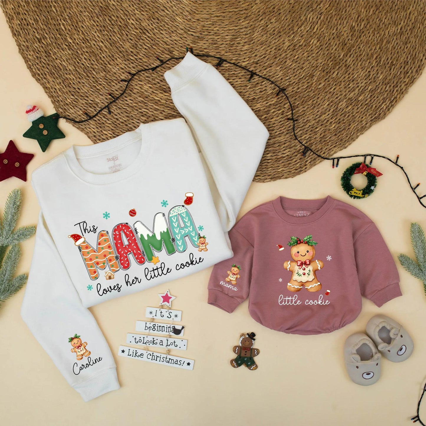 Sweet Mama Gingerbread Christmas Matching Family Sweatshirt Personalized Little Cookie Holiday Outfits Cozy Mom and Me Gift