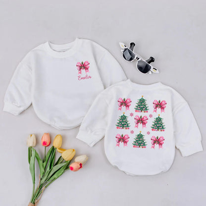 Personalized Christmas Tree Baby Romper with Pink Bows, Holly, Snowflakes, Cute Holiday Outfit Newborn Festive Green Pink White