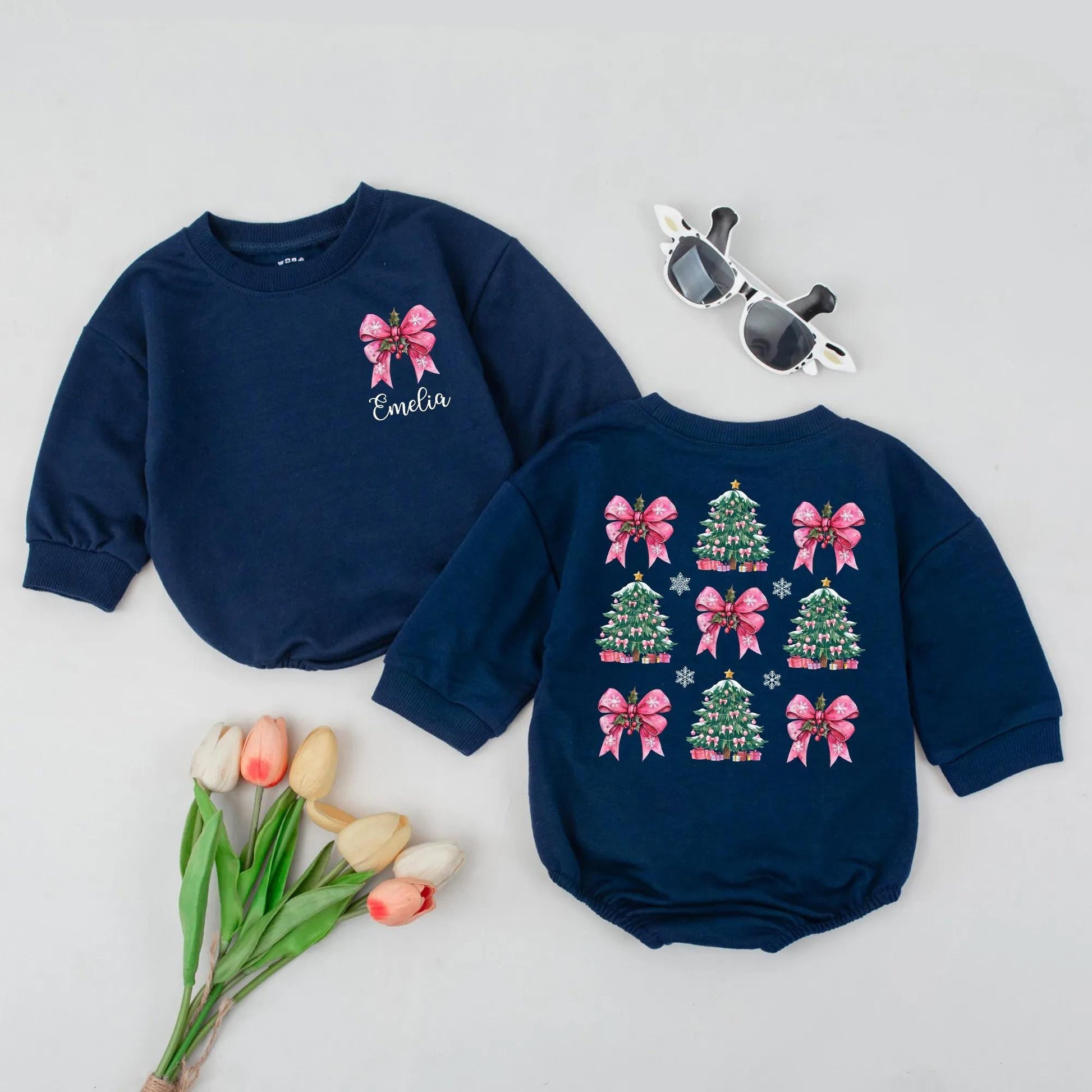 Personalized Christmas Tree Baby Romper with Pink Bows, Holly, Snowflakes, Cute Holiday Outfit Newborn Festive Green Pink White