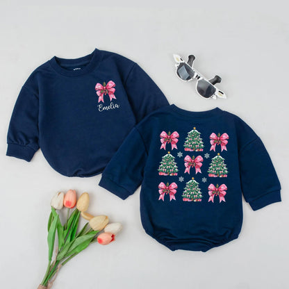 Personalized Christmas Tree Baby Romper with Pink Bows, Holly, Snowflakes, Cute Holiday Outfit Newborn Festive Green Pink White