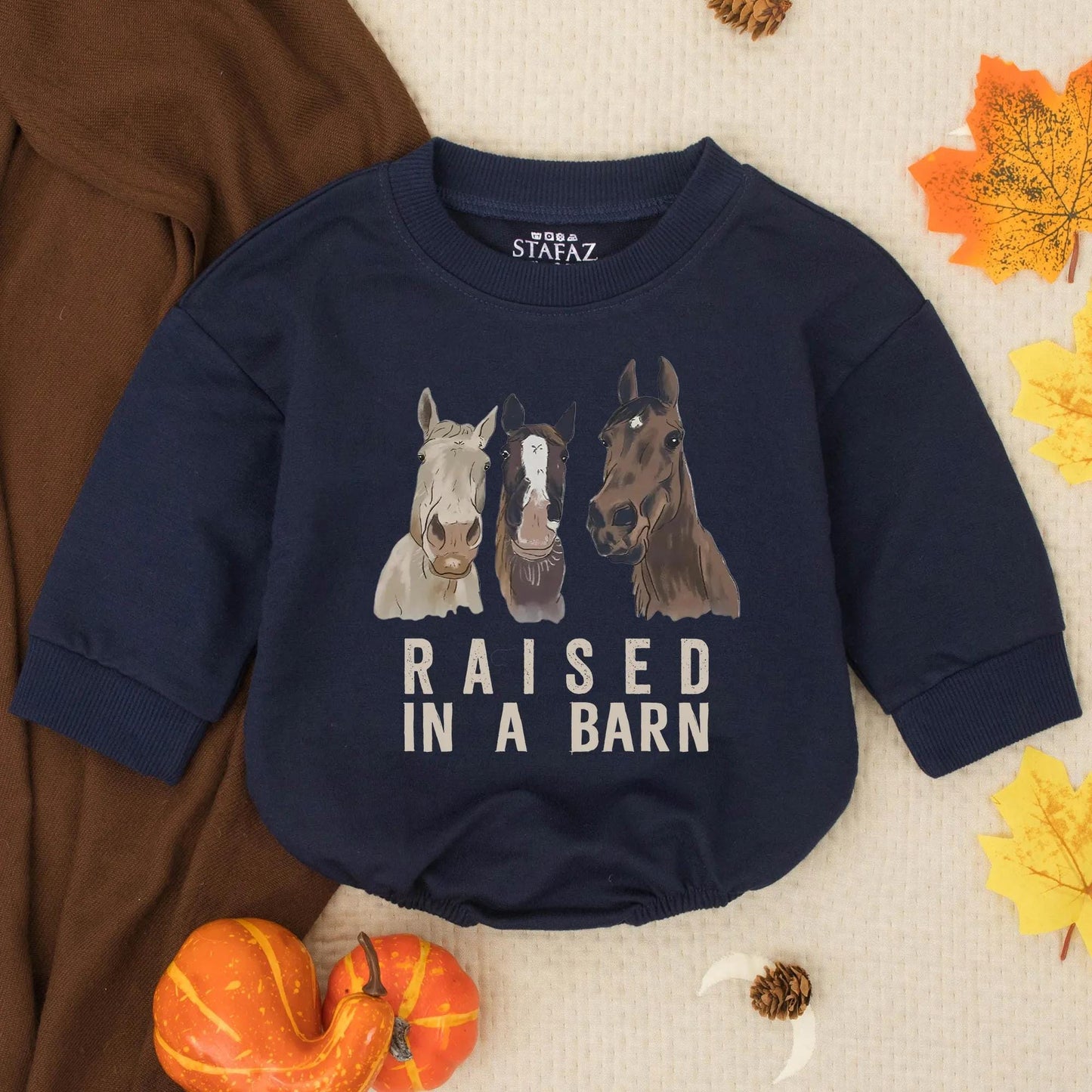 Raised in a Barn Baby Romper with Watercolor Horses, Cute Farm Outfit, Newborn Girl Clothes, Country Infant Bodysuit, Soft Cotton, Comfortable Gift 139