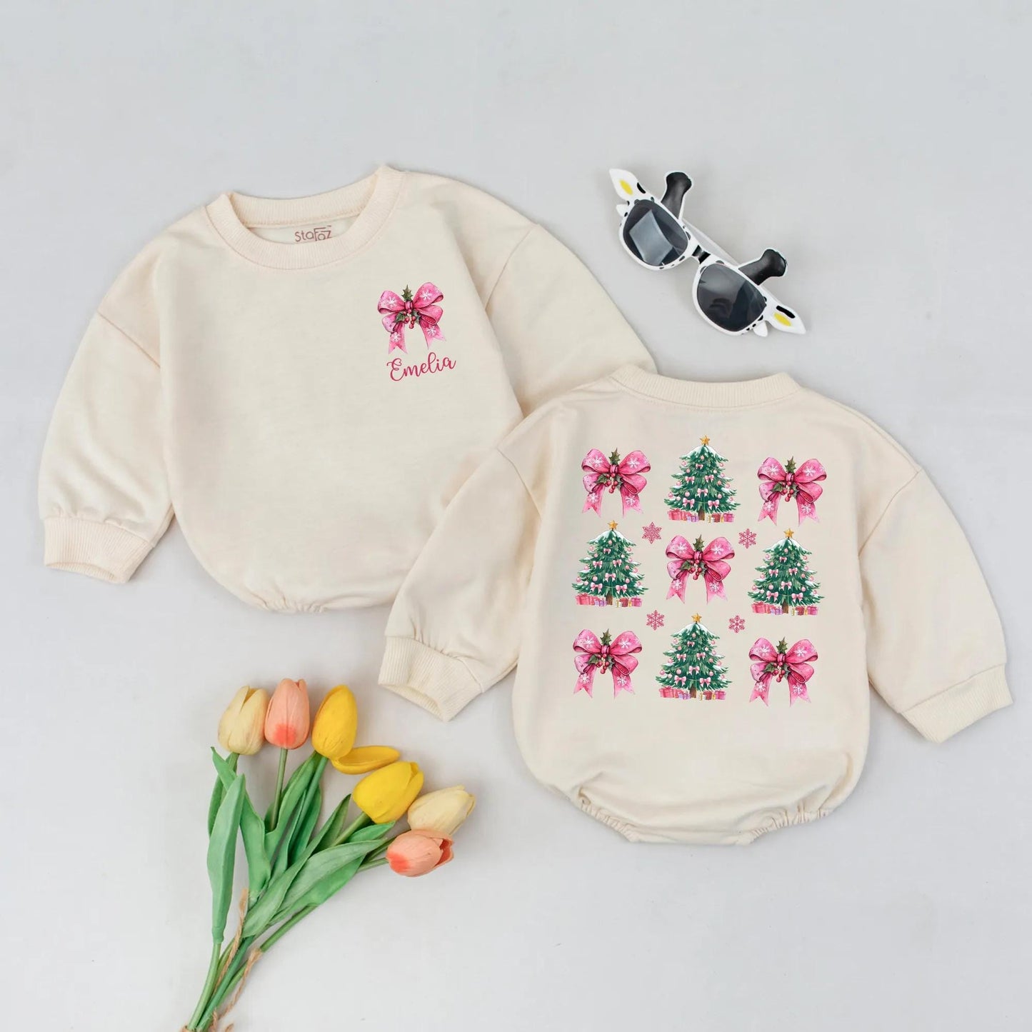 Personalized Christmas Tree Baby Romper with Pink Bows, Holly, Snowflakes, Cute Holiday Outfit Newborn Festive Green Pink White