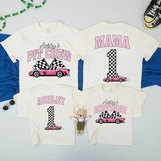Personalized Pink Race Car Birthday Family Matching Shirts Two Fast Birthday Party Pit Crew Mama and Ashley's 1st Birthday Celebration