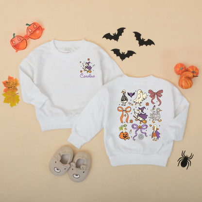 Personalized Whimsical Halloween Goose Bubble Romper with Witch Mummy Skeleton, Caroline Name, Orange Purple Bat Pumpkin Spooky Baby Toddler Outfit