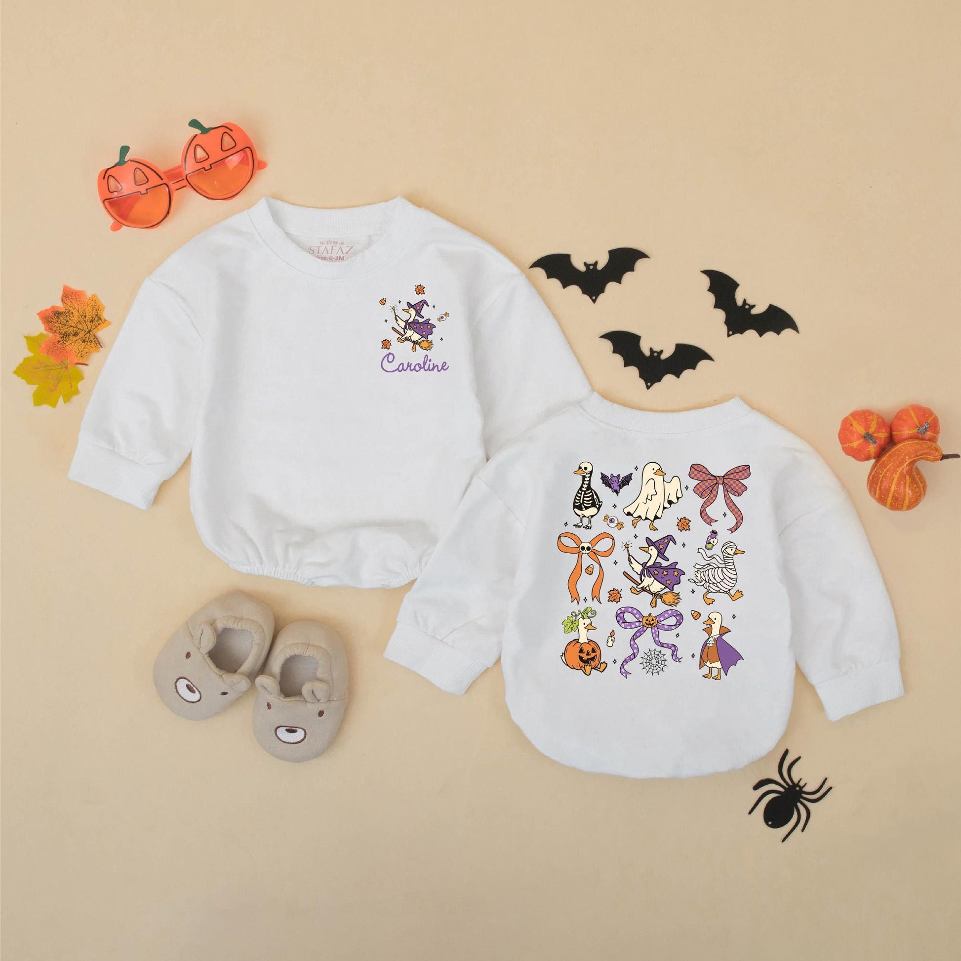 Personalized Whimsical Halloween Goose Bubble Romper with Witch Mummy Skeleton, Caroline Name, Orange Purple Bat Pumpkin Spooky Baby Toddler Outfit