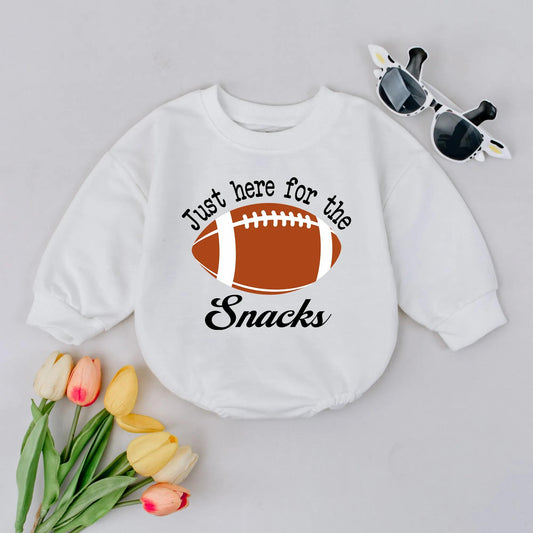 Just Here for Snacks Football Romper, Game Day Outfit, Funny Baby Bodysuit, Sport Theme, White Accents, Football Lover Baby Shower Gift, Brown Football (140)