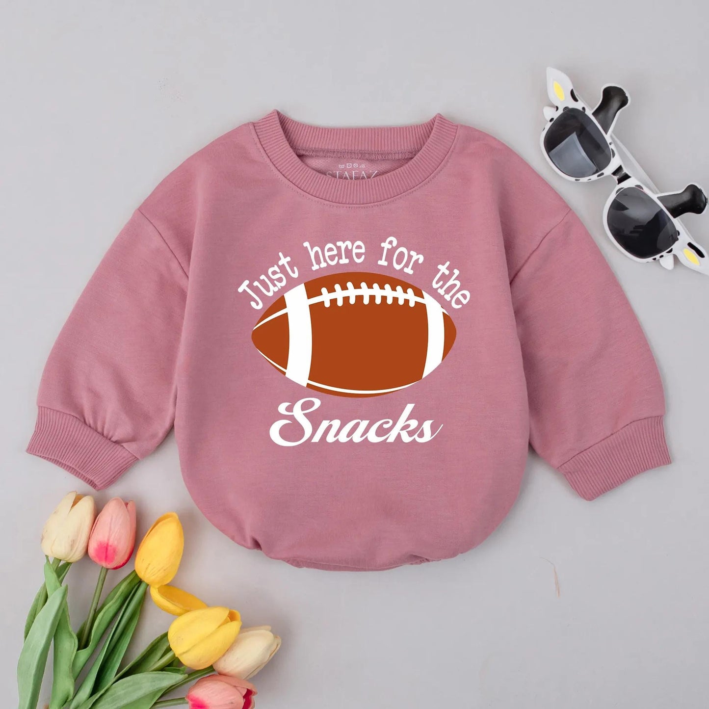 Just Here for Snacks Football Romper, Game Day Outfit, Funny Baby Bodysuit, Sport Theme, White Accents, Football Lover Baby Shower Gift, Brown Football (140)