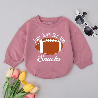 Just Here for Snacks Football Romper, Game Day Outfit, Funny Baby Bodysuit, Sport Theme, White Accents, Football Lover Baby Shower Gift, Brown Football (140)