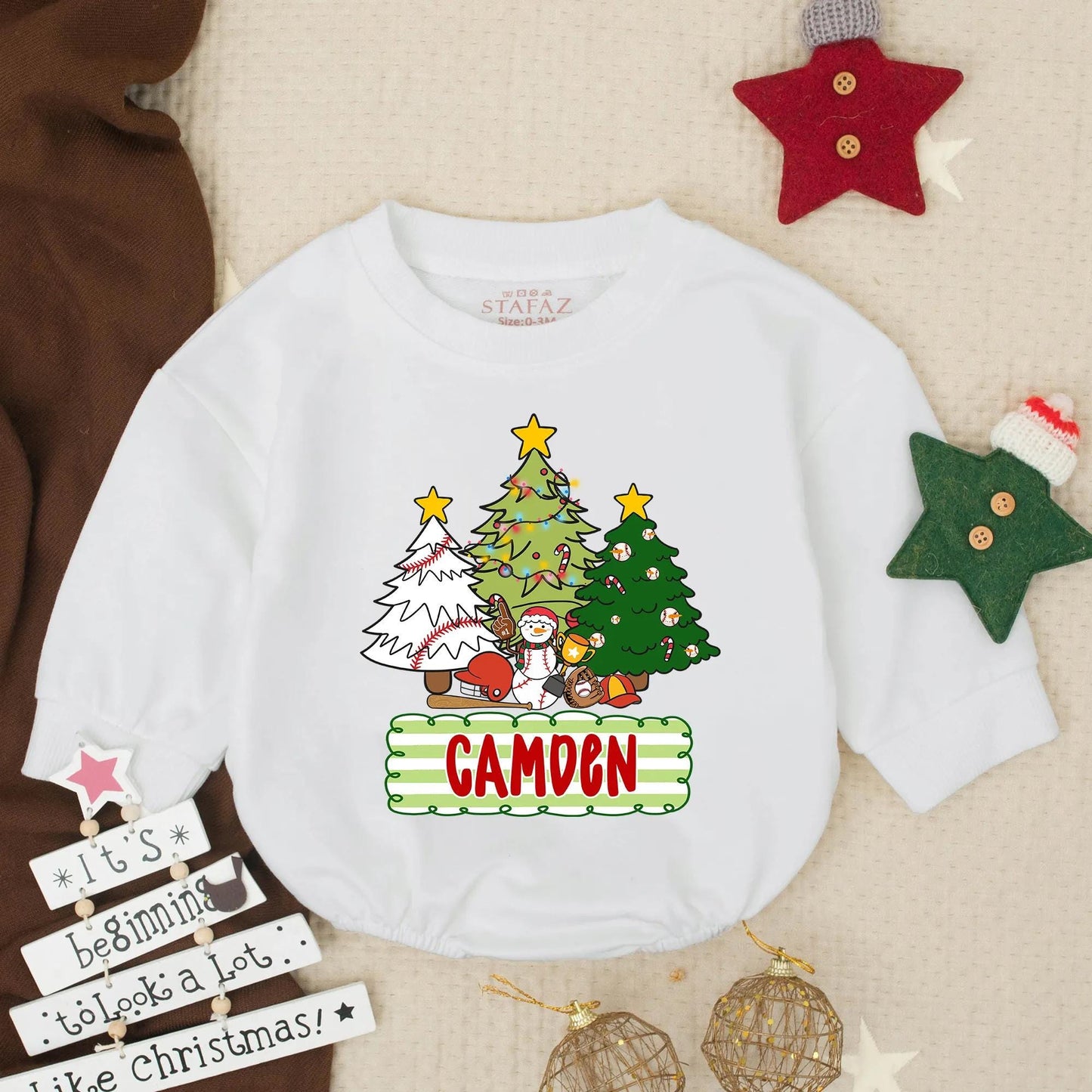 Custom Christmas Baseball Baby Bubble Romper Festive Trees Snowman Design, Infant Holiday Gameday Outfit Toddler Gift with 'CAMDEN' Detail