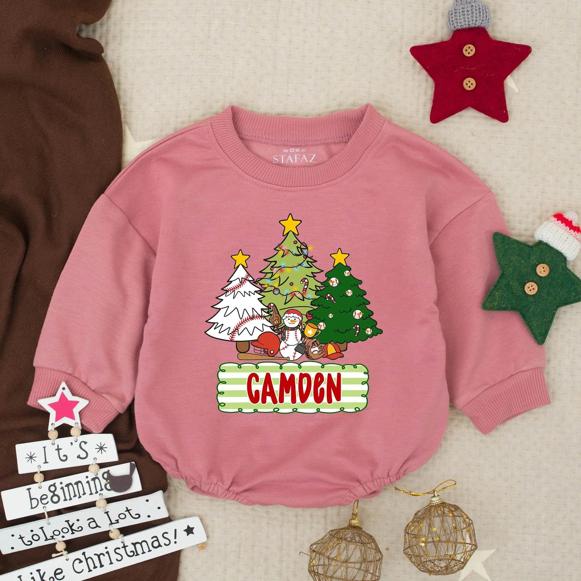 Custom Christmas Baseball Baby Bubble Romper Festive Trees Snowman Design, Infant Holiday Gameday Outfit Toddler Gift with 'CAMDEN' Detail