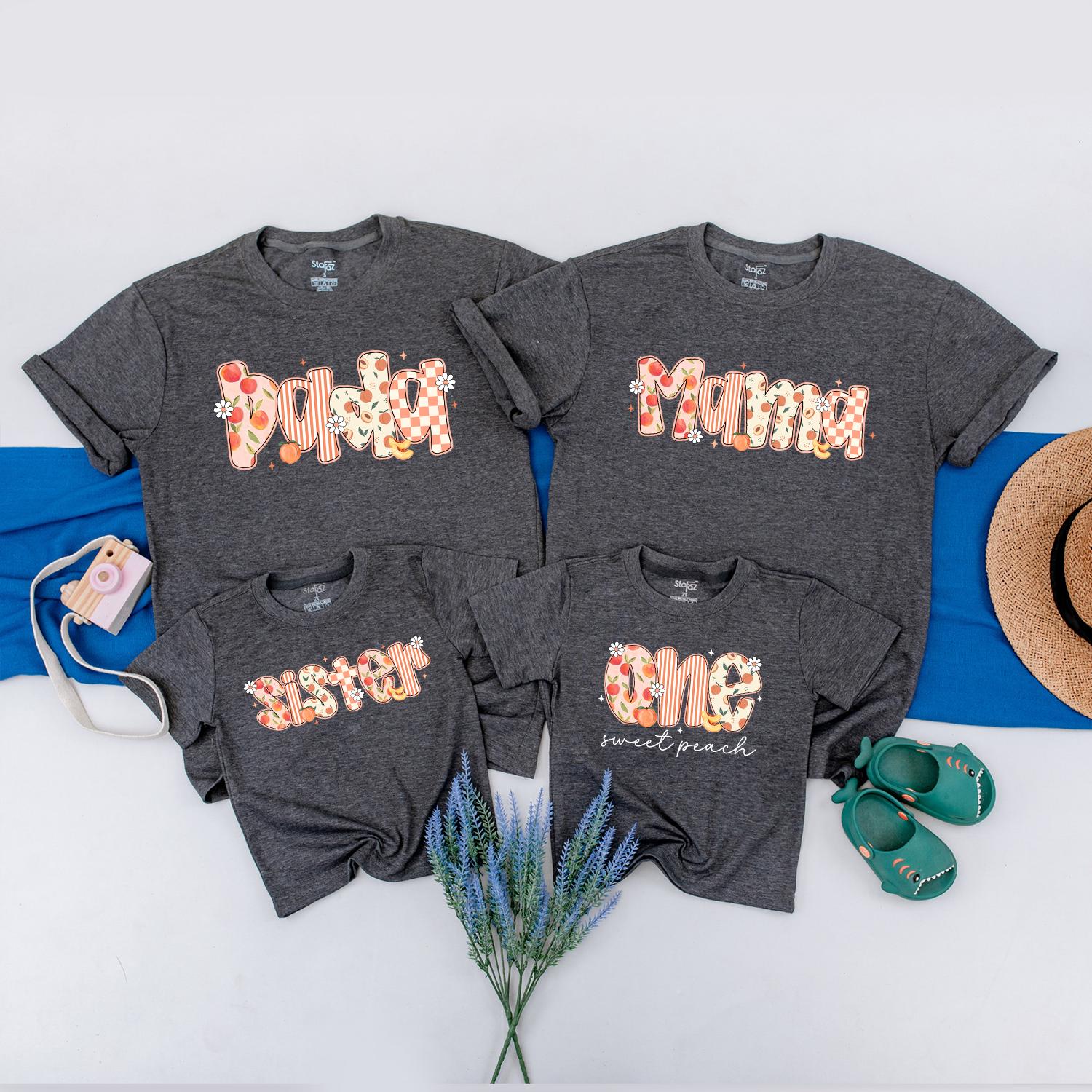 One Sweet Peach 1st Birthday Shirt for Baby Girl Matching Peach Party Outfits for Family Mommy and Me Tees Cute Floral Orange Pink White