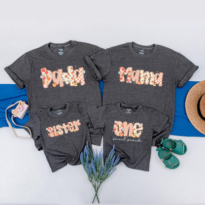 One Sweet Peach 1st Birthday Shirt for Baby Girl Matching Peach Party Outfits for Family Mommy and Me Tees Cute Floral Orange Pink White
