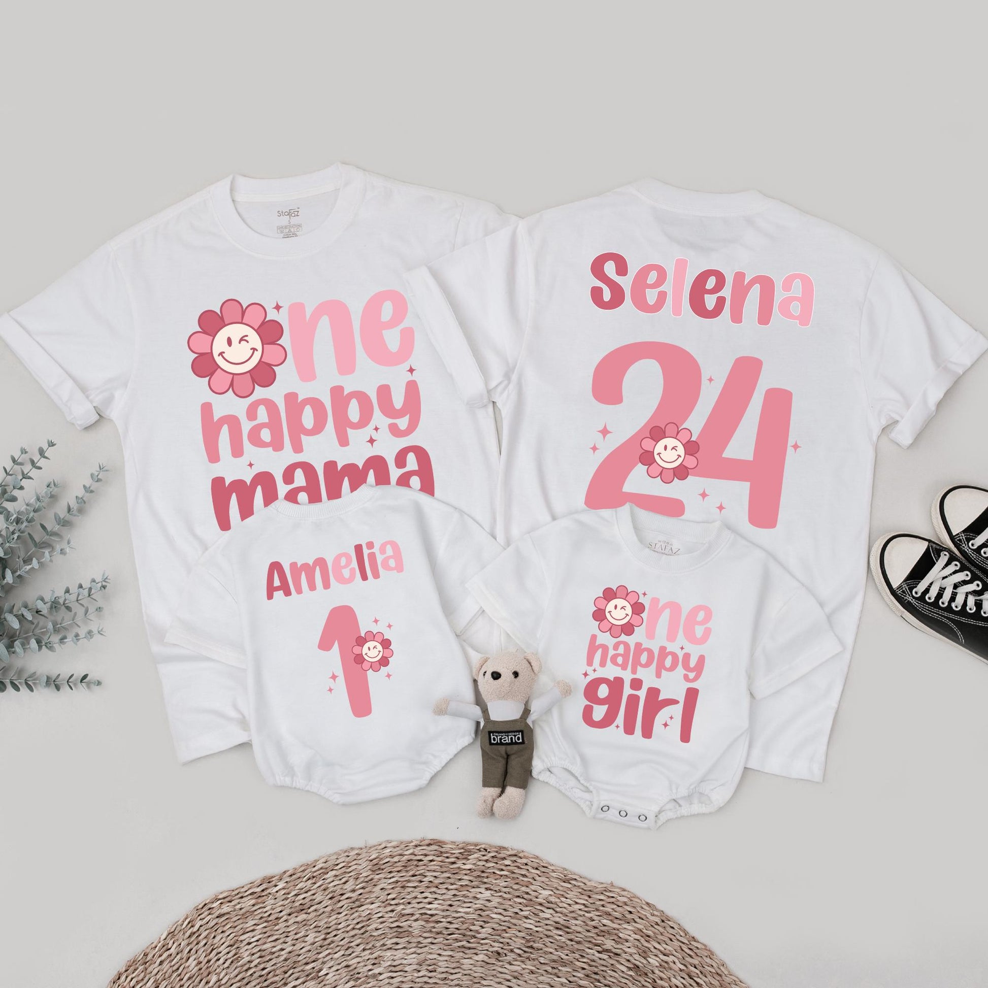 Personalized One Happy Girl First Birthday Shirt Matching Family Mama Tee Retro Pink Daisy Outfit with Smiley Face Starburst Design