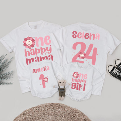 Personalized One Happy Girl First Birthday Shirt Matching Family Mama Tee Retro Pink Daisy Outfit with Smiley Face Starburst Design