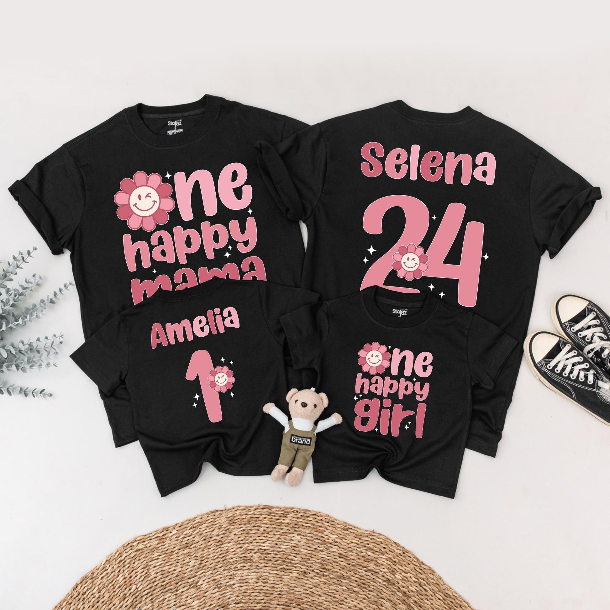 Personalized One Happy Girl First Birthday Shirt Matching Family Mama Tee Retro Pink Daisy Outfit with Smiley Face Starburst Design