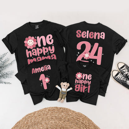 Personalized One Happy Girl First Birthday Shirt Matching Family Mama Tee Retro Pink Daisy Outfit with Smiley Face Starburst Design