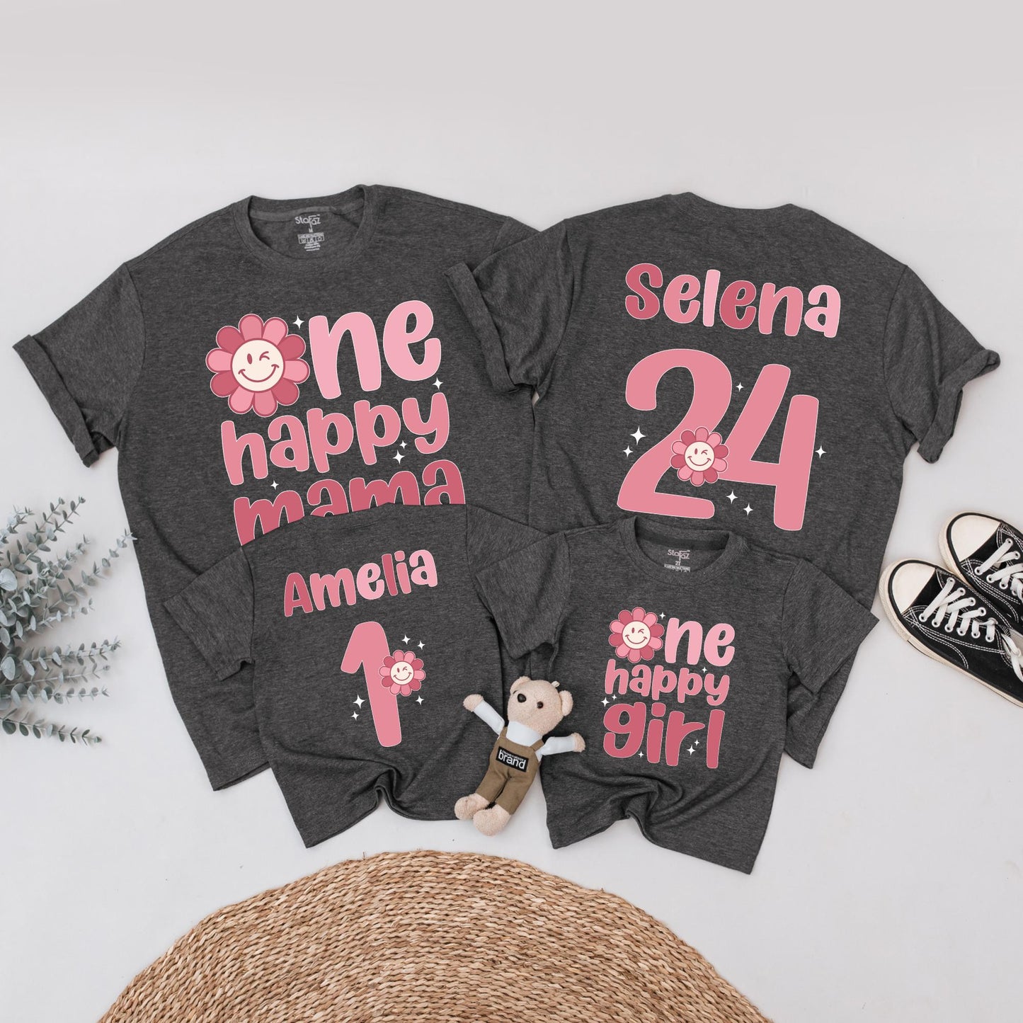 Personalized One Happy Girl First Birthday Shirt Matching Family Mama Tee Retro Pink Daisy Outfit with Smiley Face Starburst Design