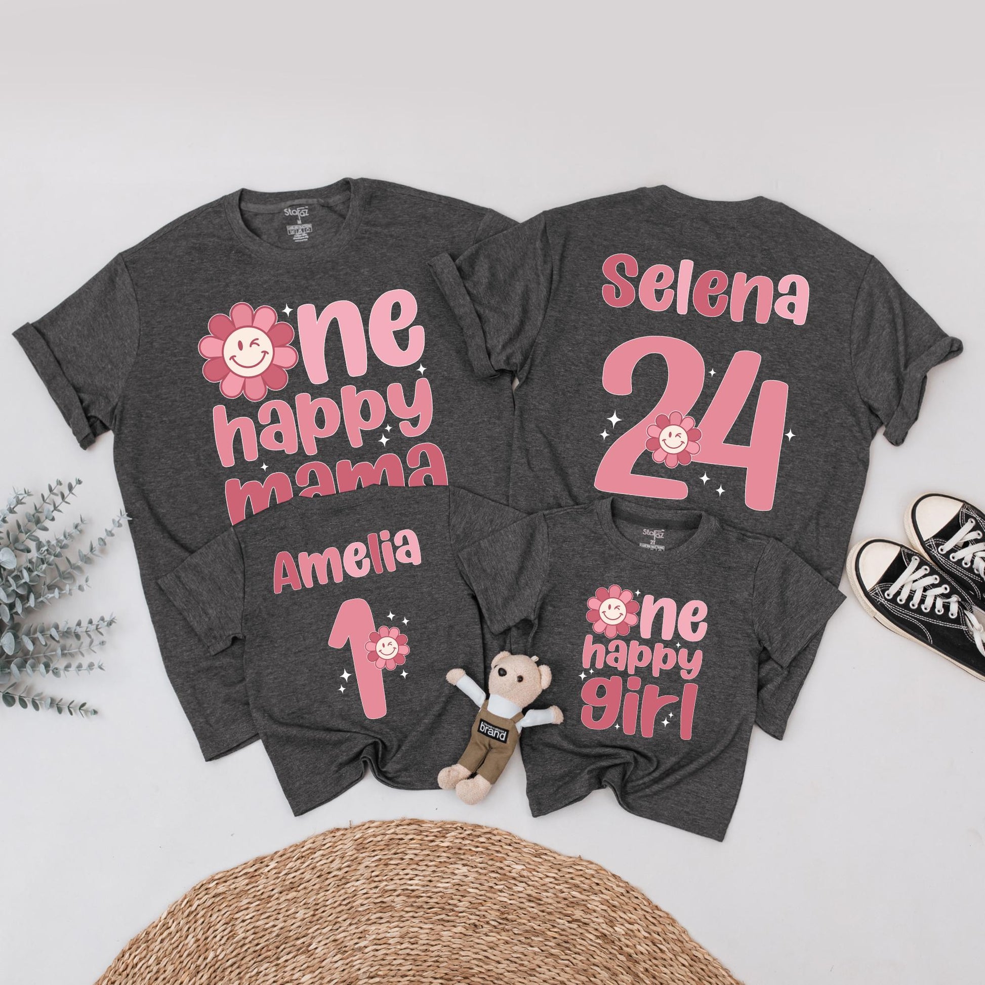Personalized One Happy Girl First Birthday Shirt Matching Family Mama Tee Retro Pink Daisy Outfit with Smiley Face Starburst Design